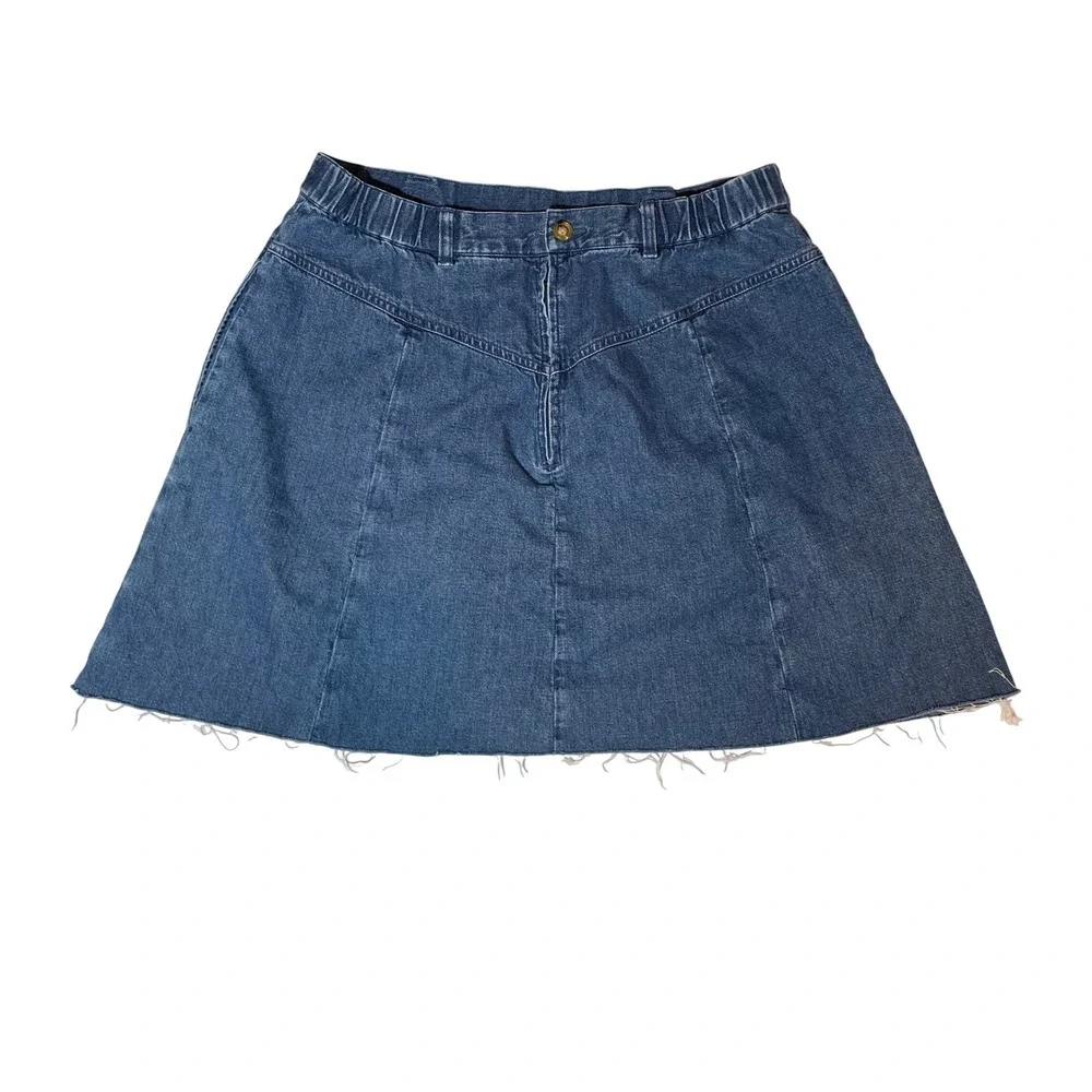 Orvis Womens Blue Denim Mini‎ Skirt High Rise Raw Hem Elastic Back 14P Med Wash